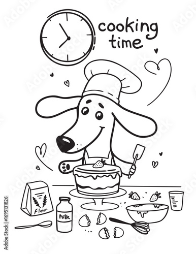 Cute black and white illustration of a dachshund dog in a chef hat baking a cake, surrounded by ingredients like flour, milk, eggs, and strawberries, with the phrase "cooking time" and a clock above. 