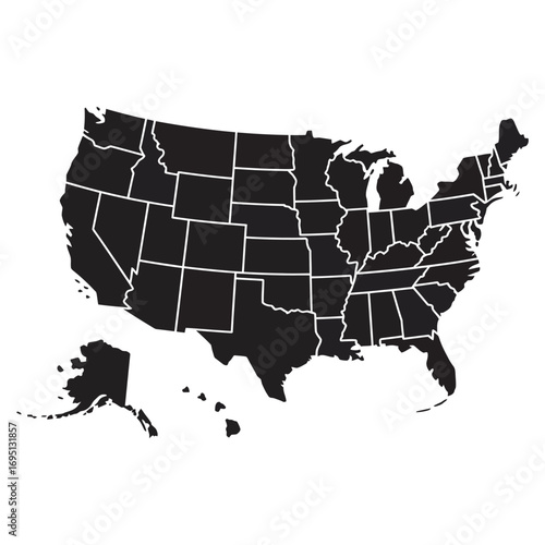 Black and white silhouette of the United States of America map, depicting states and outlines clearly