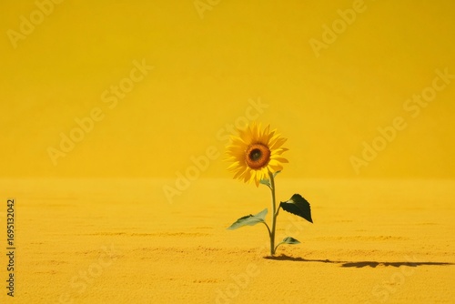 Minimalist image of a sunflower growing in yellow sand with a yellow background, evoking feelings of warmth and simplicity