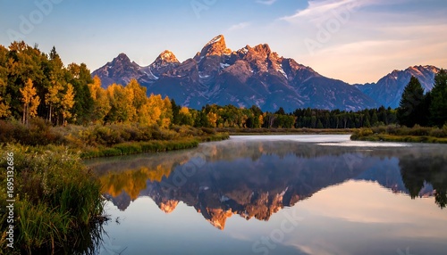 Fototapeta Naklejka Na Ścianę i Meble -  Sunrise reflection on a serene mountain lake