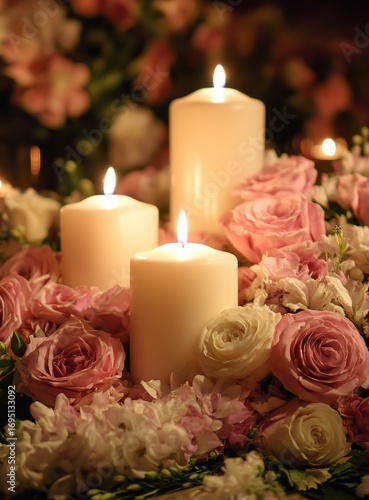 Elegant bouquet of pink and white roses beside glowing candles on wooden table in soft natural light