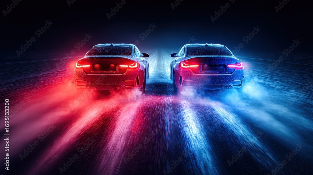 Naklejka premium Two fast sports cars race down a neon-lit street at night, leaving dramatic vapor trails.