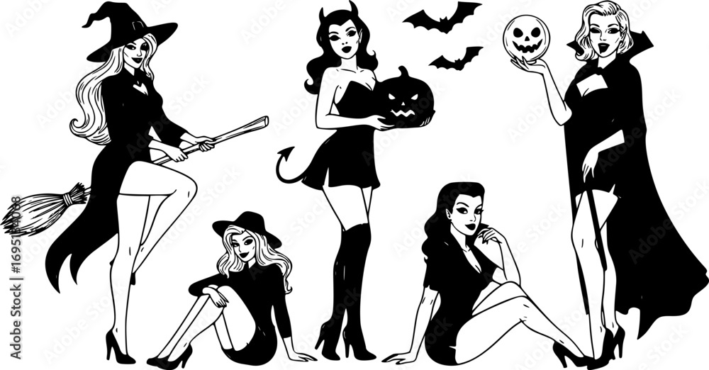 Obraz premium Halloween Pin-Up Vector Collection – Retro Witch, Devil Girl with Jack o Lantern, Vampire Beauty, Spooky Vintage Character Set