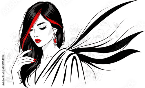 Beautiful Asian woman, red lips, hand with red manicure nails, fashion woman, element design, nails studio, hair salon sign, icon. Beauty logo. EPS version.