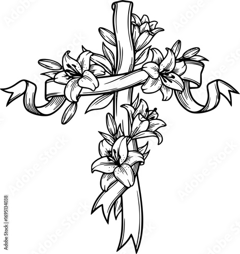 One line art of a flowing ribbon cross adorned with blooming Easter lilies
