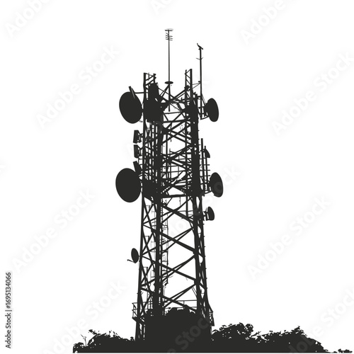 Silhouette of a Large Communications Tower with Many Antennas and Dishes