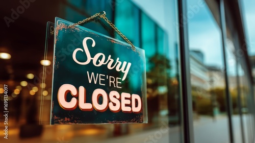 Modern sorry we're closed sign on glass door with urban exterior reflections and ambient light