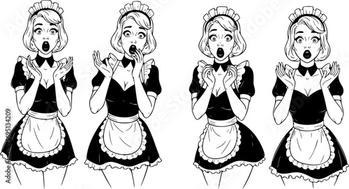 set of Vintage Surprised Maid Pin-Up Vector Set – Housekeeper Series with Shocked Faces and Playful Expressions