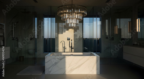 Luxury Bathroom Interior With Marble Bathtub And Crystal Chandelier Decoration