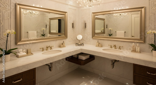 Luxury bathroom interior with mirrors, sinks, and elegant design elements.