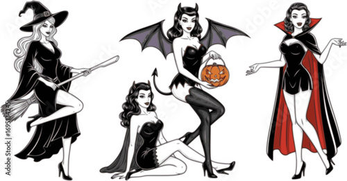 Halloween Pin-Up Vector Collection – Retro Witch, Devil Girl with Jack o Lantern, Vampire Beauty, Spooky Vintage Character Set