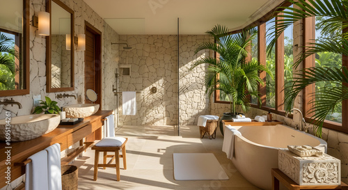 Luxury Bathroom Interior With Stone Walls, Palm Trees, and Serene Ambiance for Relaxation