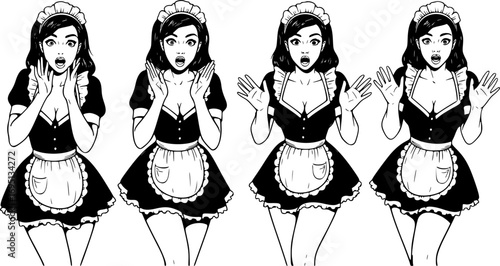 set of Vintage Surprised Maid Pin-Up Vector Set – Housekeeper Series with Shocked Faces and Playful Expressions