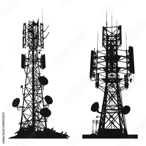 Two Tall Communication Towers Silhouettes Against White Background Representing Network Infrastructure