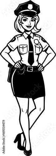 Pin-Up Police Squad Vector Set – Six Retro Lady Officers in Flirty Uniforms Vintage Black Line Illustration