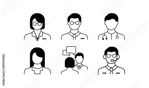 Communication and Professional Icons Set, Customer Service and Business Avatars, Healthcare and Support Icons,