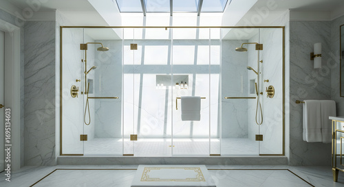 Luxury Bathroom With Glass Shower And Marble Walls For Opulent Wellness Space