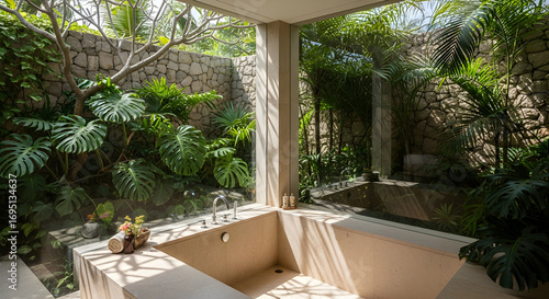 Luxury Bathroom With Natural Elements And Tropical Landscape For Relaxation