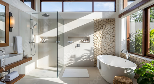 Luxury Bathroom With Natural Light and Stone Details Reflecting Relaxation and Luxury