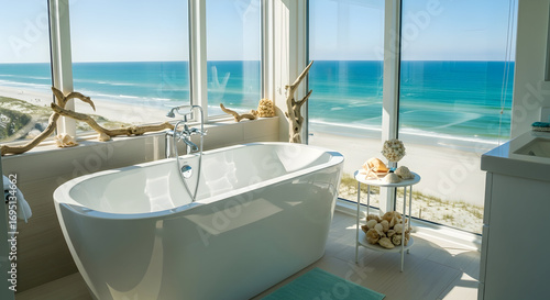 Luxury Bathroom With Ocean View And Seaside Decor Perfect for Relaxation and Spa Experience