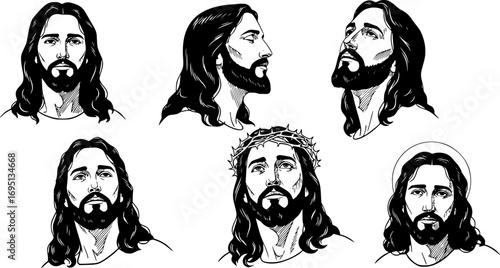 Jesus Christ Portraits Vector Set – Collection of Various Religious Faces and Christian Illustrations