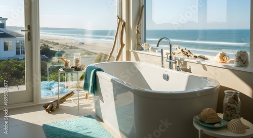 Luxury bathroom with ocean view, relaxation, tranquility, and coastal design concept