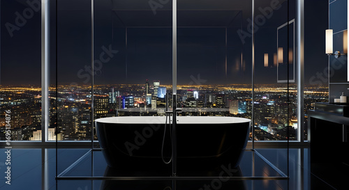 Luxury Bathtub Overlooking City At Night, Glass Walls, Modern Home Interior View