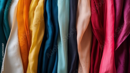 Wallpaper Mural Colorful collection of scarves hanging neatly in a textile shop showcasing vibrant fabrics and textures Torontodigital.ca