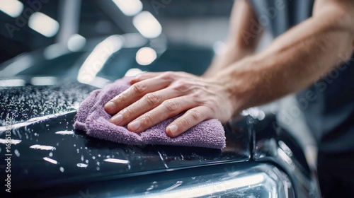 Detailing a car's hood with a purple microfiber cloth after washing, achieving a shiny, clean finish.