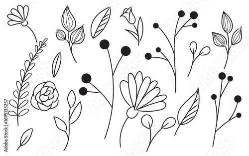 Floral line art pattern with leaves and buds
