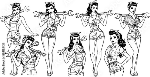 Mechanic pin-up girls collection, vintage grease-girl beauties holding wrenches, retro tough woman vector illustration set