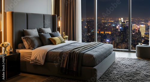 Luxury bedroom scene with a city view at night showcasing elegant interior design