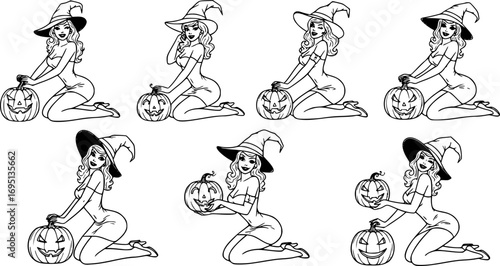 Halloween Pin-Up Vector Collection – Retro Witch, Devil Girl with Jack o Lantern, Vampire Beauty, Spooky Vintage Character Set