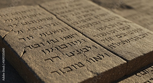 Close of the Ten Commandments stone tablets carved in marble, symbolizing God's law