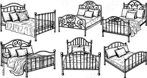 Vintage wrought iron bed set with soft pillows, cozy hand drawn furniture engraving, retro bedroom sketch vector illustration