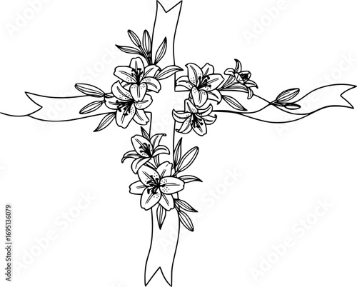 One line art of a flowing ribbon cross adorned with blooming Easter lilies
