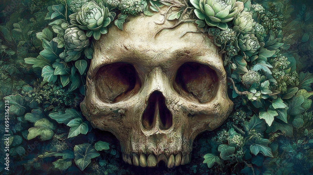 Naklejka premium A detailed artistic image featuring a skull encircled by vibrant, flourishing green leaves and blooms.