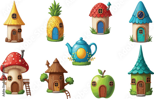 Fairy tale houses illustration, mushroom house, fruit home, fantasy teapot cottage, magical village, cartoon architecture, whimsical design, children story concept