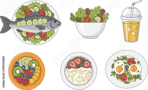 Healthy food illustration, grilled fish plate, fresh salad bowl, fruit smoothie, oatmeal with berries, egg breakfast, nutritious meal, organic ingredients