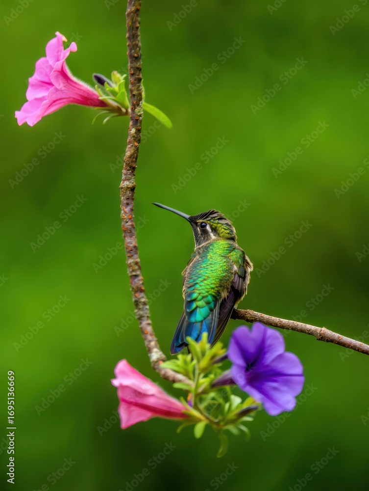 Fototapeta premium A beautiful hummingbird rests on a branch surrounded by pink and purple flowers in a vibrant garden. Sunlight enhances the bird's shimmering feathers, showcasing its intricate patterns