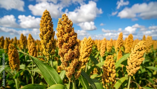 Close-up of golden sorghum stalks in a field under a partly cloudy sky