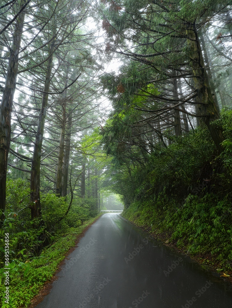 Obraz premium A narrow road cuts through a dense, fog-covered forest, surrounded by tall trees and vibrant greenery. Rain creates a serene, tranquil atmosphere