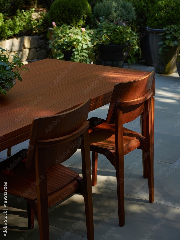 Fototapeta premium A cozy outdoor dining space showcases a wooden table surrounded by two stylish chairs amidst lush greenery