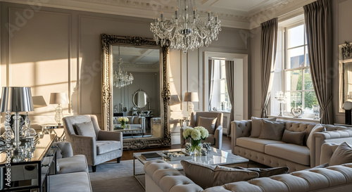 Luxurious living room interior featuring elegant furniture and a crystal chandelier