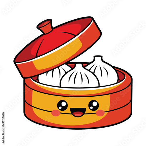 A delightful cartoon dim sum, featuring a smiling face, bamboo steamer, traditional chinese cuisine, and a playful design