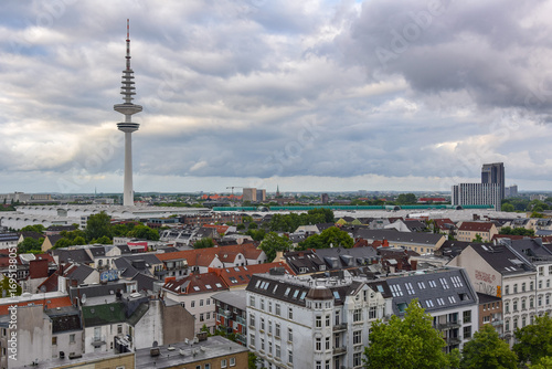 Hamburg city skyline dominated by 280 meters high Heinrich Hertz Tower