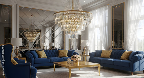 Luxurious Living Room With Elegant Furniture, Mirrored Walls And A Crystal Chandelier