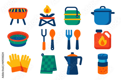 Camping Cooking Icons. Flat vector icons of cooking tools for camping: portable grill, folding stove, mess kit, camping pot,