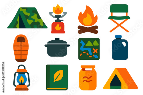 Hunting Camping Icons. Flat vector icons of hunting camping: camo tent, portable stove, campfire, field sleeping bag, cooking pot,