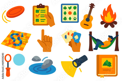Camping Games Icons. Flat vector icons of camping games and fun: frisbee, hiking scavenger hunt, nature bingo, guitar by fire,